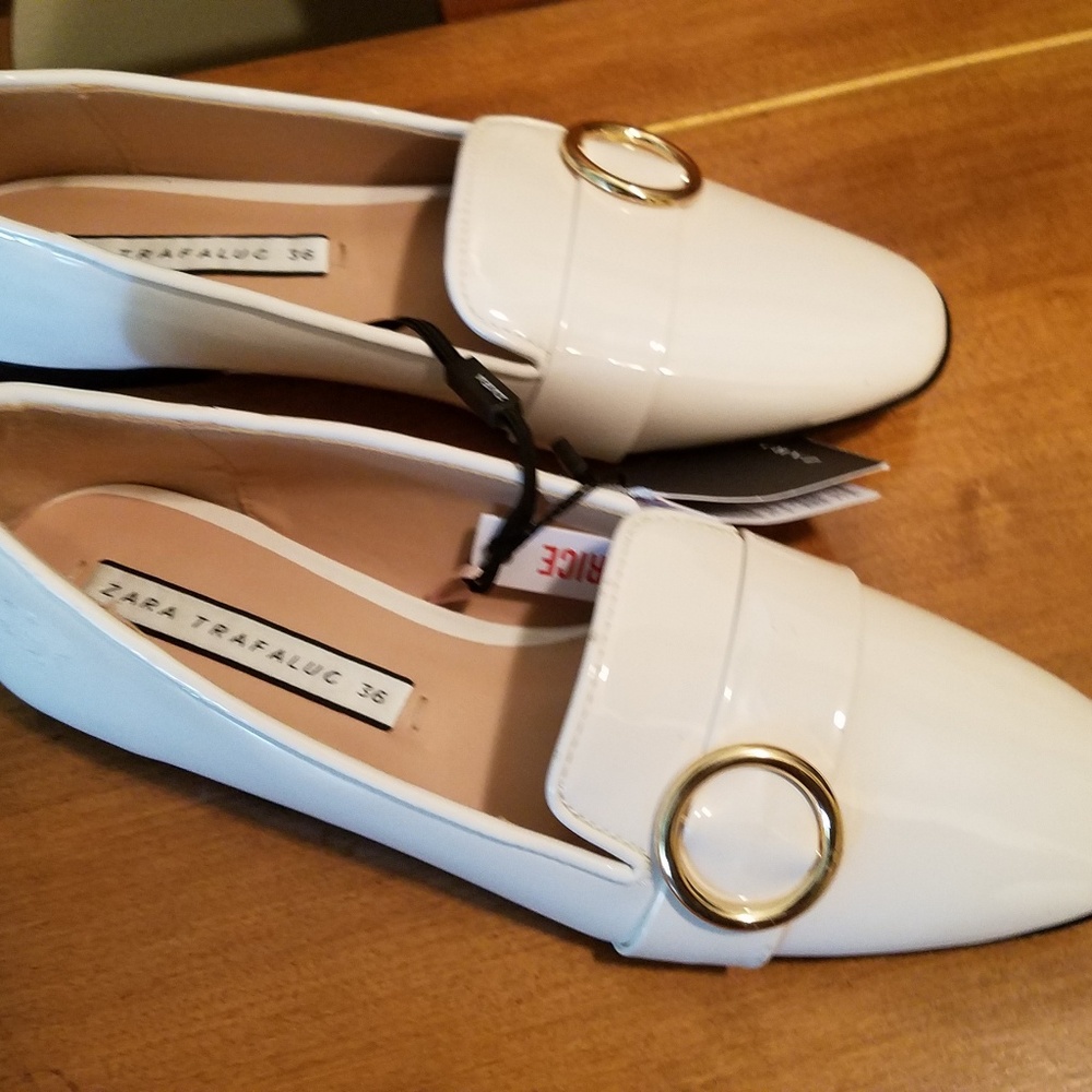 Zara Trafaluc Patent Creme Flats With Buckle